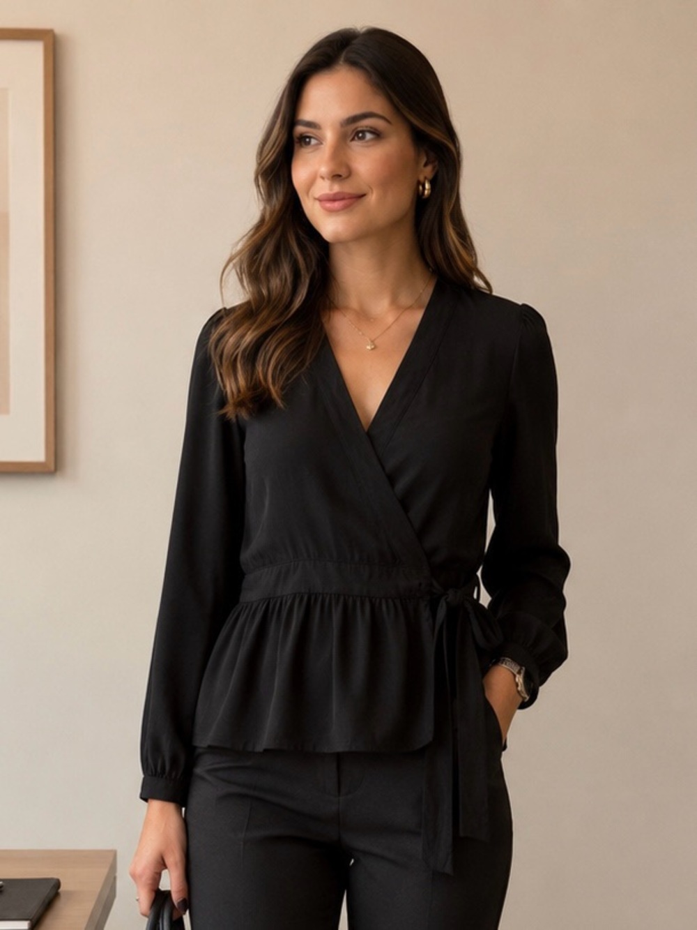 GAP Black Wrap Peplum Blouse & Slim Trousers Set